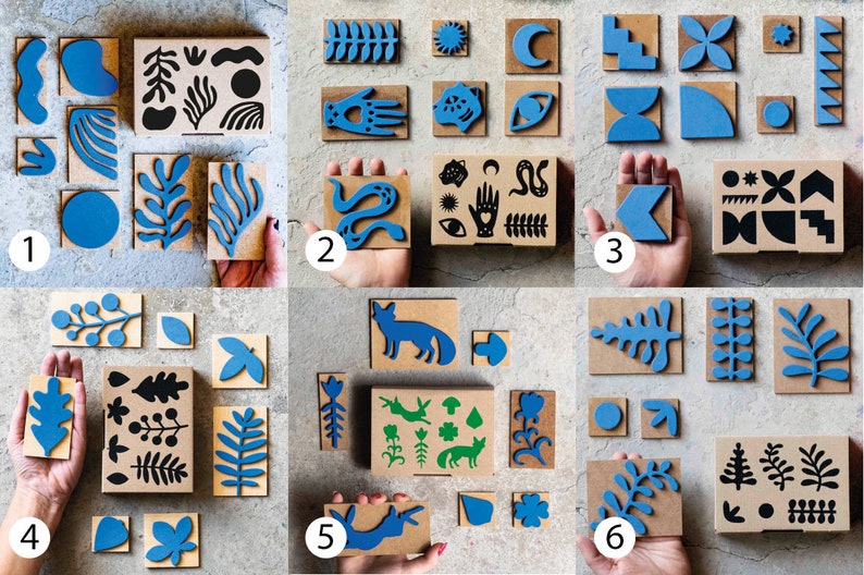May include: Six sets of wooden stamps featuring a variety of designs, including abstract shapes, animals, plants, and geometric patterns. The stamps are painted in shades of blue and black.