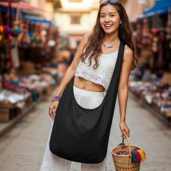 Verada-Schwarze Canvas Crossbody Tasche, Hobo Handtaschen, Schulter Boho Sling Tasche, Tote Frauen Geldbörse