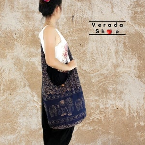 Verada-Elephant Print Cotton Hobo Bag: Navy Blue Boho Crossbody