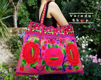 Pink & Red Flower, Pink Hill Tribe Bag Hmong Bag Cotton Embroidered Ethnic Purse Thai Woven Hippie Bag Hobo Boho Bag Shoulder Bag HTB1E16