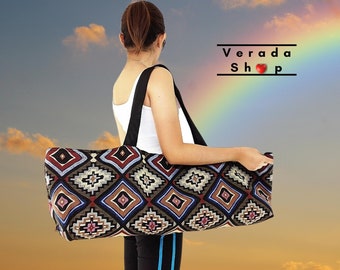 Verada - Borsa per tappetino yoga in cotone intrecciato fatta a mano: borsa sportiva con tasche interne WF41