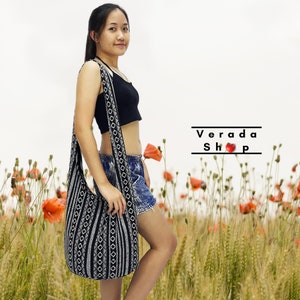 Thai Woven Baumwolltasche, Hippie tasche, Hobo tasche,Boho tasche,Schultertasche,sling tasche, Tote Crossbody tasche Geldbörse Handtaschen, Lange Riemen Schwarz Weiß CWB