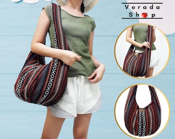 Verada-Handmade Thai Cotton Hobo Bag: Woven Hippie Shoulder Bag WF9