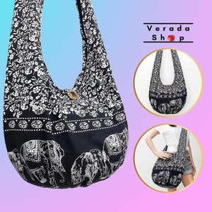 Women bag,Handbags,Thai Cotton bag Hippie bag,Hobo Boho bag,Shoulder bag,Sling bag,Tote Pleated Bag,Crossbody bag Purse Elephant Black -PCC