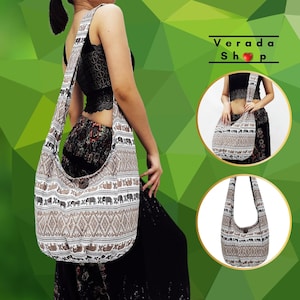 Women bag,Handbags,Thai Cotton bag Hippie bag,Hobo Boho bag,Shoulder bag,Sling bag,Tote Pleated Bag,Crossbody bag Purse Elephant Beige -PCC
