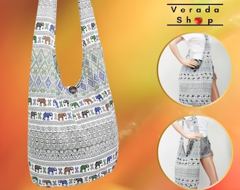 Verada-Elephant Print Cotton Hobo Bag: Boho Crossbody Shoulder Bag