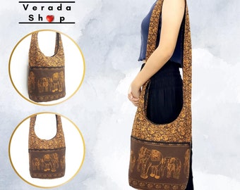 Brown Elephant Women Cotton Crossbody bag Hippie Hobo Boho Shoulder Sling Purse Tote Handbags