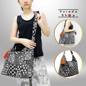 Thai Cotton Bag,Women bag,Tote Hippie bag,Hobo bag,Boho bag,Shoulder bag,Handbags,Cross Body Purse Sling Bag Tassel bag Black - CBT3