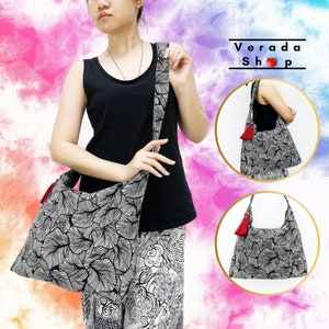 Thai Cotton Bag,Women bag,Tote Hippie bag,Hobo bag,Boho bag,Shoulder bag,Handbags,Cross Body Purse Sling Bag Tassel bag Black - CBT2