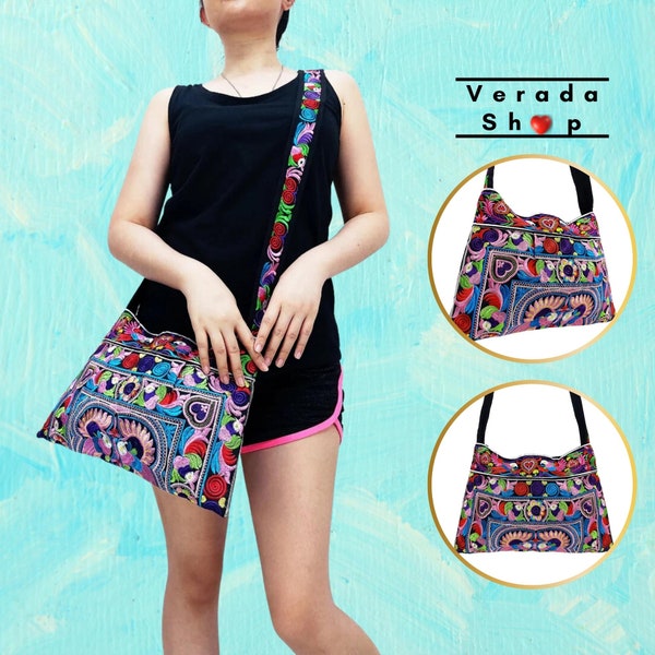 Thai Hill Tribe Bag,Hmong Bag Thai Handbags,Embroidered Ethnic Purse Woven Bag Hippie Bag,Tribal Clutch Sling Bag Crossbody Bag,Pink HCB2