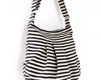 Verada-Striped Denim Hobo Bag: Cream & Black Canvas Shoulder Bag Tracy2