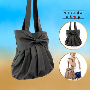 Handbags,Cotton bag Canvas Diaper bag,Shoulder bag,Hobo bag,Tote bag,Purse Everyday bag,Double Straps Bow bagDark Gray Bella
