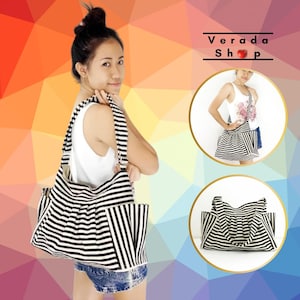 Torba w paski z jeansu, torba bawełniana, torba płócienna, torba na pieluchy, torba na ramię, torba hobo, torba typu tote, torba listonoszka, torebka kremowa i czarna Jamie