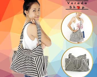 Verada-Striped Denim Hobo Bag: Cream & Black Canvas Shoulder Bag Jamie