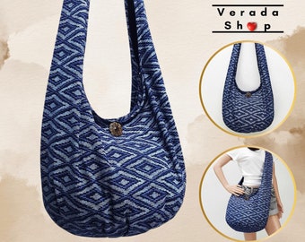 Women bag,Handbags,Thai Cotton bag Hippie bag,Hobo Boho Shoulder bag,Sling bag,Messenger bag,Tote Pleated Bag,Crossbody bag Purse Blue -PCC