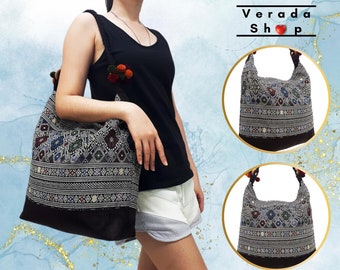 Verada-Woven Cotton Hobo Bag: Boho Hippie Tote with Pom Pom Strap SWP19