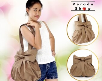 Handmade Bag,Canvas Diaper bag,Shoulder bag,Hobo bag,Tote bag,Purse Everyday bag,Double Straps Bow bag  Khaki  Bella