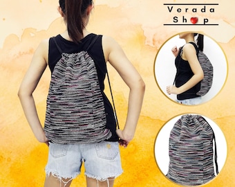 Verada-Woven Cotton Drawstring Backpack: Thai Hippie Boho Bag WDB