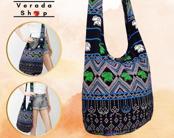 Verada-Elephant Cotton Hobo Bag: Black Boho Crossbody Purse