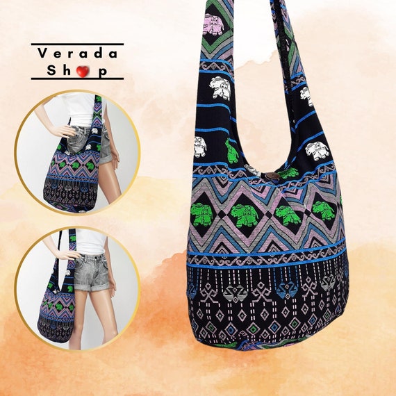 Bohemian Hippie Style Bag Cotton Canvas Sling Crossbody Messenger Bag Purse  Hobo Monk Buddha Black