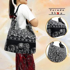 Black Thai Cotton Bag, Elephant Women bag, Shoulder bag, Hippie bag, Boho Purse, Shopping bag, Handbags, Pom Pom Strap, SCP