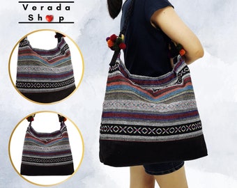 Verada-Woven Cotton Hobo Bag: Boho Hippie Tote with Pom Pom Strap SWP11