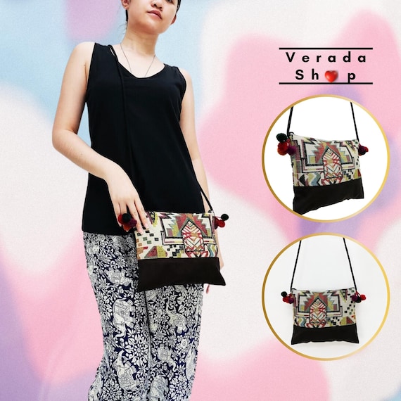 Thai Woven Bag cotton Bag mini Bag Pom Pom Bag Cotton Purse Hippie Bag clutch Shoulder Bag handbags sling Bag Crossbody Bag mwp27 Etsy UK