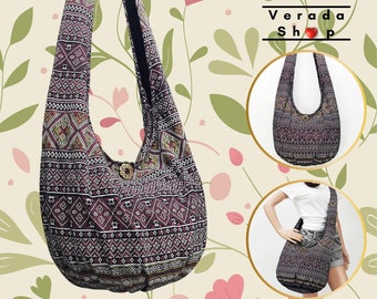 Bolsa Hobo Verada-Thai de Algodão: Estilo Boho Hippie, Transversal Preta, em Concreto Polido