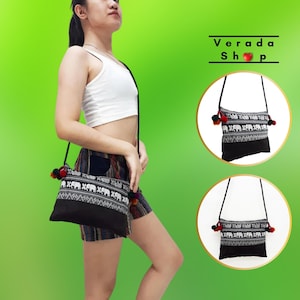 Thai Cotton Bag,Mini Bag Pom Pom Elephant Bag Cotton Purse Hippie Bag,Clutch Shoulder bag,Handbags,Sling Bag Mini Crossbody Bag,Black MBP1