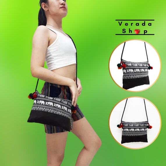 Thai Cotton Bag mini Bag Pom Pom Elephant Bag Cotton Purse Hippie