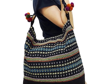 Verada-Woven Cotton Hobo Bag: Hippie Boho Tote with Pom Pom Strap SWP14