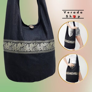 Frauen Tasche,Handtaschen, Thai Baumwolltasche Elefant Tasche,Hippie Hobo Tasche,Boho Tasche,Schultertasche,Sling Tasche,Messenger Tasche,Tote Crossbody Tasche Geldbörse Schwarz