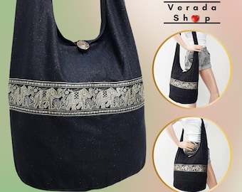 Verada-Thai Cotton Hobo Bag: Black Elephant Print Crossbody Purse