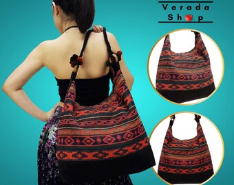 Verada-Woven Cotton Hobo Bag: Boho Hippie Tote with Pom Pom Strap SWP10
