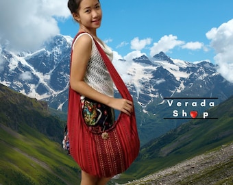 Verada-Woven Cotton Crossbody Bag: Red Hippie Hobo Boho Sling Bag WF2