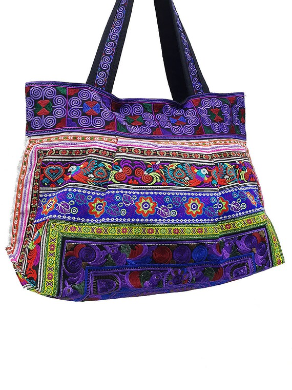 Ladies Ethnic Hmong Large Floral Rope Handle Hobo Shoulder Tote Bag