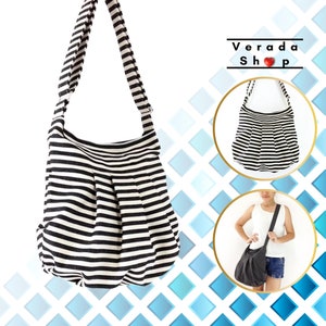 Striped Denim bag Cotton bag Canvas Bag,Diaper bag,Shoulder bag,Hobo bag,Tote bag,Messenger bag,Handbags,Purse Cream&Black Tracy2