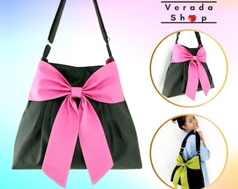 Handbags,Cotton bag Canvas Bag,Shoulder bag,Hobo bag,Tote Purse Everyday bag,Adjustable Strap Bow bag Dark Gray&Pink  Anna