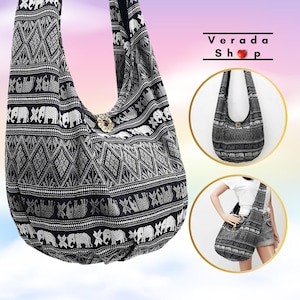 Women bag,Handbags,Thai Cotton bag Hippie bag,Hobo Boho bag,Shoulder bag,Sling bag,Tote Pleated Bag,Crossbody bag Purse Elephant Black -PCC