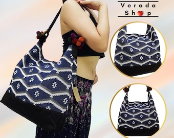 Verada-Woven Cotton Hobo Bag: Boho Hippie Tote with Pom Pom Strap SWP6