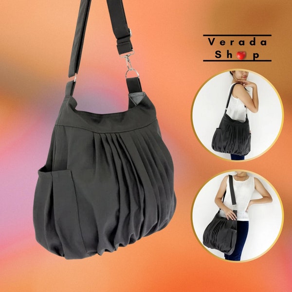 Women bag,Handbags,Canvas Bag,Diaper bags Shoulder bag,Hobo bag,Boho bag,Tote Messenger bag,Purse Pleated bag Everyday bag,Dark Gray  Rita