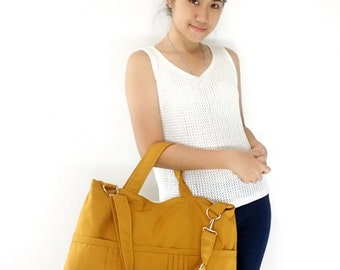 Verada-Mustard Canvas Hobo Bag: Everyday Shoulder Bag with Pockets Amy
