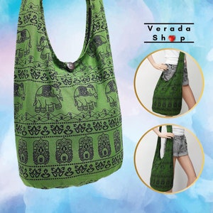 Bolso de mujer, Bolsos de mano, Bolso de algodón, Bolso de elefante, Bolso bohemio estilo hippie, Bolso de hombro, Bolso bandolera, Bolso bandolera, Bolso tote, Bolso bandolera verde oliva