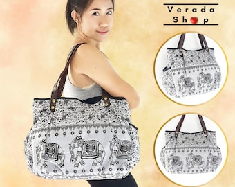 Verada-Thai Cotton Elephant Tote Bag: Boho Hippie Shoulder Bag