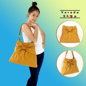 Canvas Bag,Cotton bag Diaper bag,Shoulder bag,Hobo bag,Tote bag,Messenger bag,Purse Everyday bag,Bow bag  Mustard  Tina