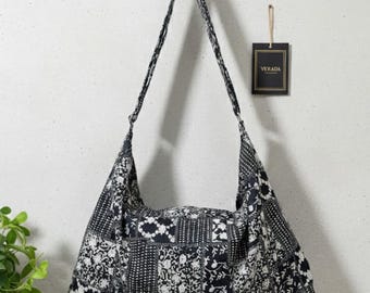 Bolsa Hobo Verada-Thai de Algodão: Bolsa Transversal Boho Preta CBL3