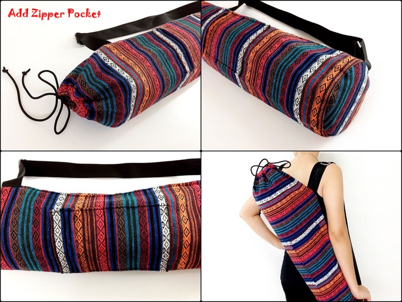 Puede incluir: Una bolsa de yoga colorida con cierre de cord&oacute;n y una correa de hombro ajustable. La bolsa tiene un patr&oacute;n a rayas con dise&ntilde;os geom&eacute;tricos en tonos rojos, naranjas, azules y blancos. La bolsa est&aacute; hecha de tela y tiene un bolsillo con cremallera.