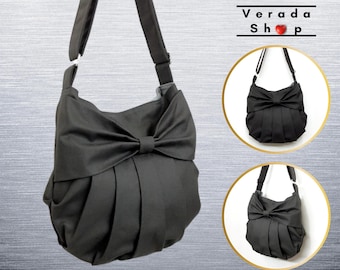 Woman bag Cotton bag Canvas Bag,Diaper bag,Shoulder bag,Hobo bag,Handbags,Tote bag,Messenger Purse,Bow bag Dark Gray Helena