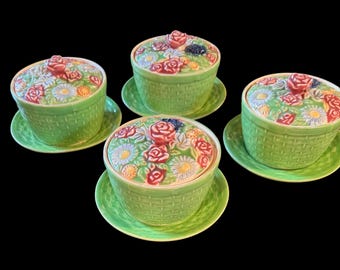Set of 4 Covered Flower Basket Ramekins and Saucers 1930s Japan
