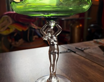 Art Deco 1930s  Green Cambridge Glass Statuesque Nude Compote